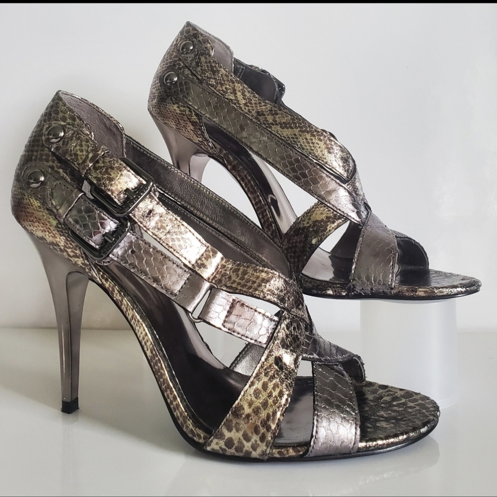Guess Palane Gold Pewter Metallic Snakeskin Print Strappy Peep Toe High Heels